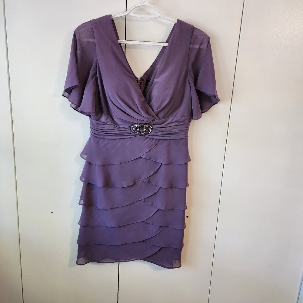 Jessica Howard Purple Layered Wrap Bodice with Ruched Rhinestoned Waist | Size 6